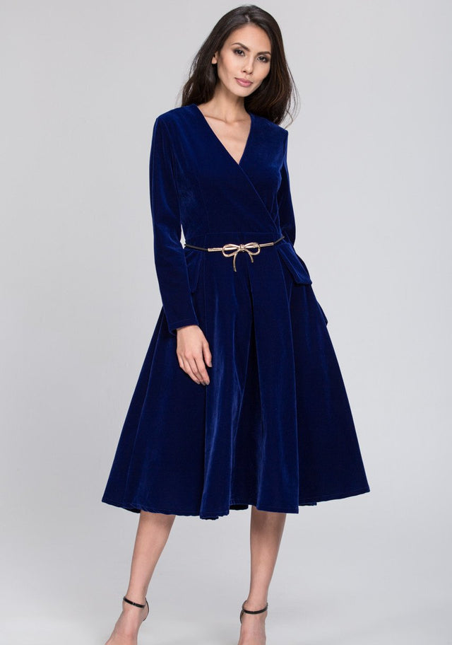 Electric Blue Velvet Dress with Gold Bow Ribbon Belt