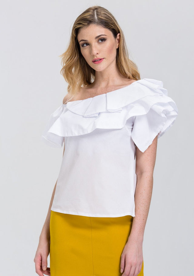 White One-Shoulder Ruffle Tiered Top