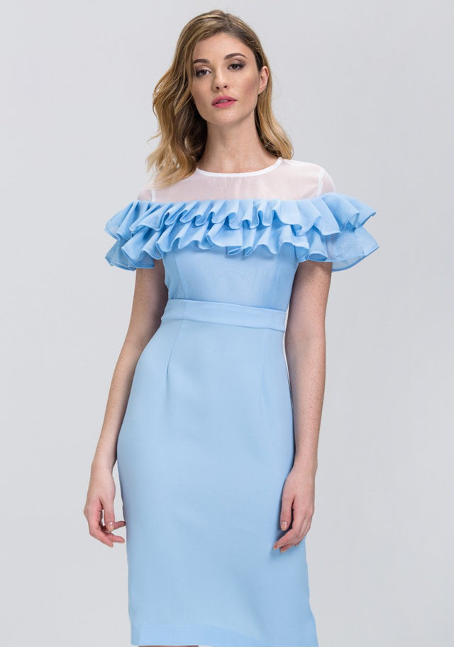Fatima Almomen - Baby Blue Mesh Yoke Ruffled Midi Dress