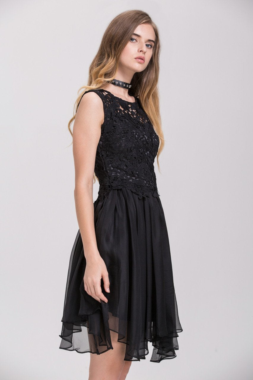 Black Embroidered Lace Chiffon Princess Mini Dress Black Embroidered Lace Chiffon Princess Mini Dress