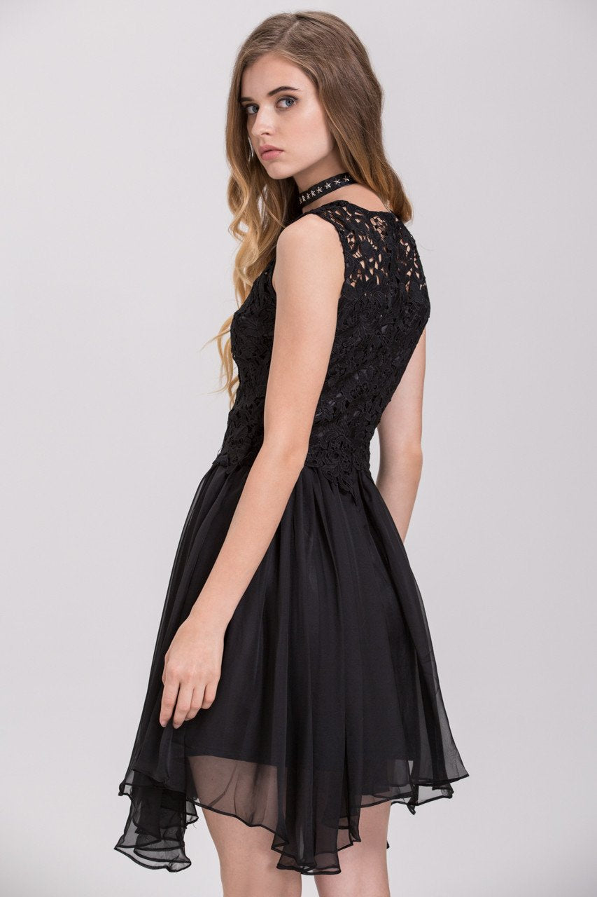 Black Embroidered Lace Chiffon Princess Mini Dress Black Embroidered Lace Chiffon Princess Mini Dress