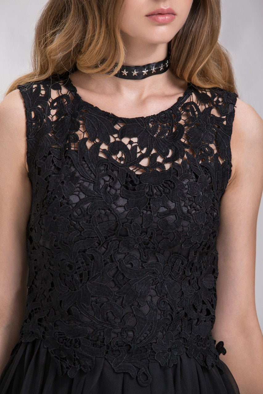 Black Embroidered Lace Chiffon Princess Mini Dress Black Embroidered Lace Chiffon Princess Mini Dress