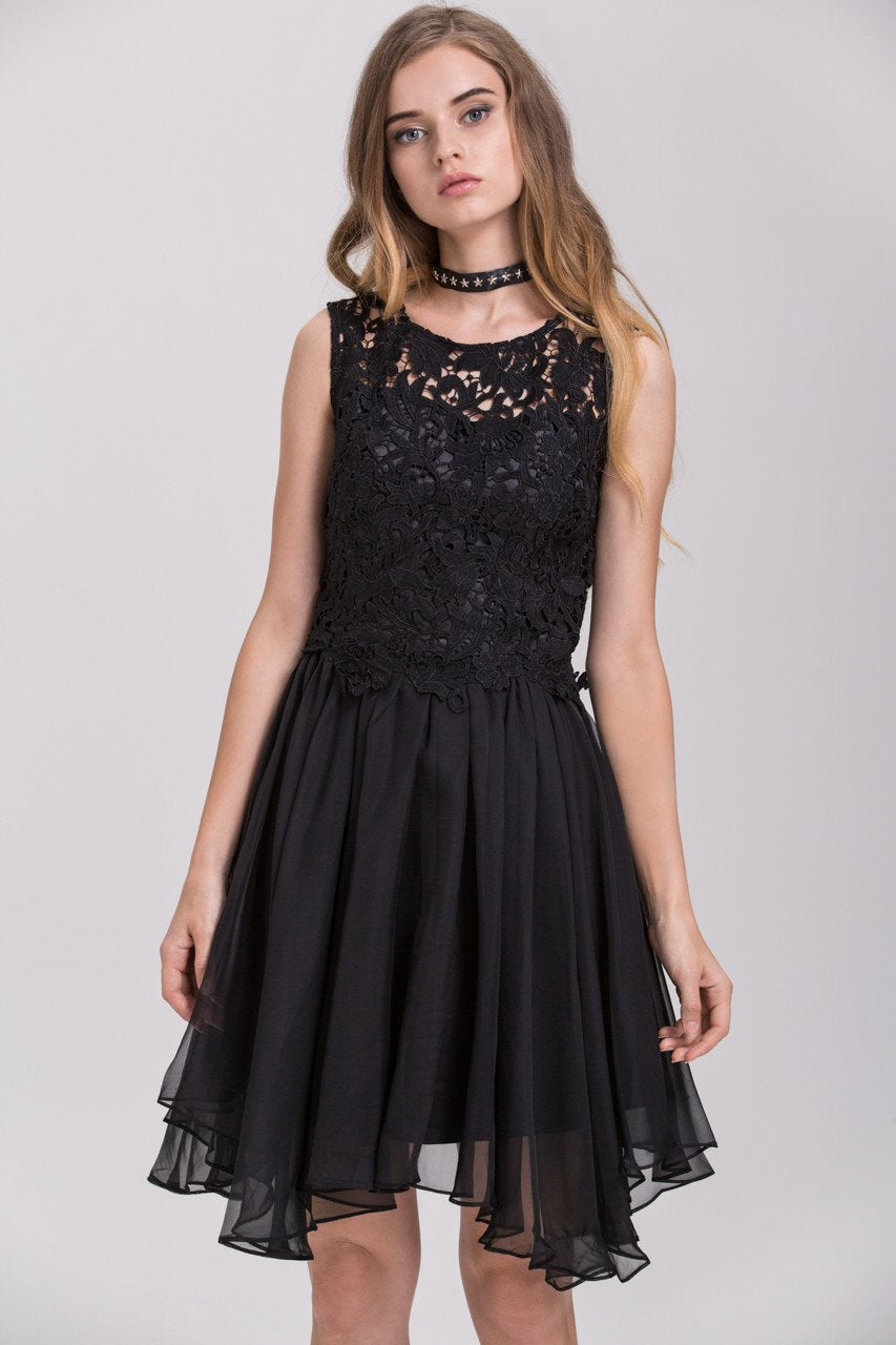 Black Embroidered Lace Chiffon Princess Mini Dress Black Embroidered Lace Chiffon Princess Mini Dress