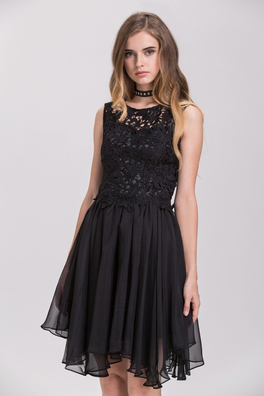 Black Embroidered Lace Chiffon Princess Mini Dress Black Embroidered Lace Chiffon Princess Mini Dress