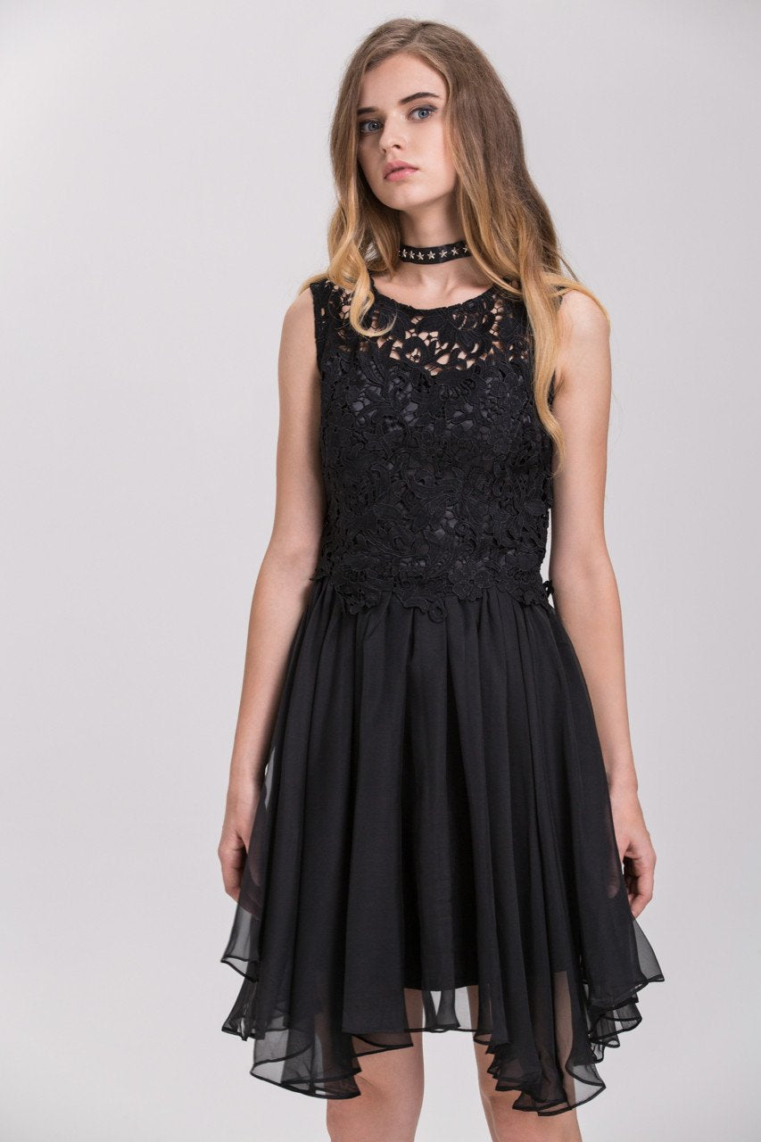 Black Embroidered Lace Chiffon Princess Mini Dress Black Embroidered Lace Chiffon Princess Mini Dress