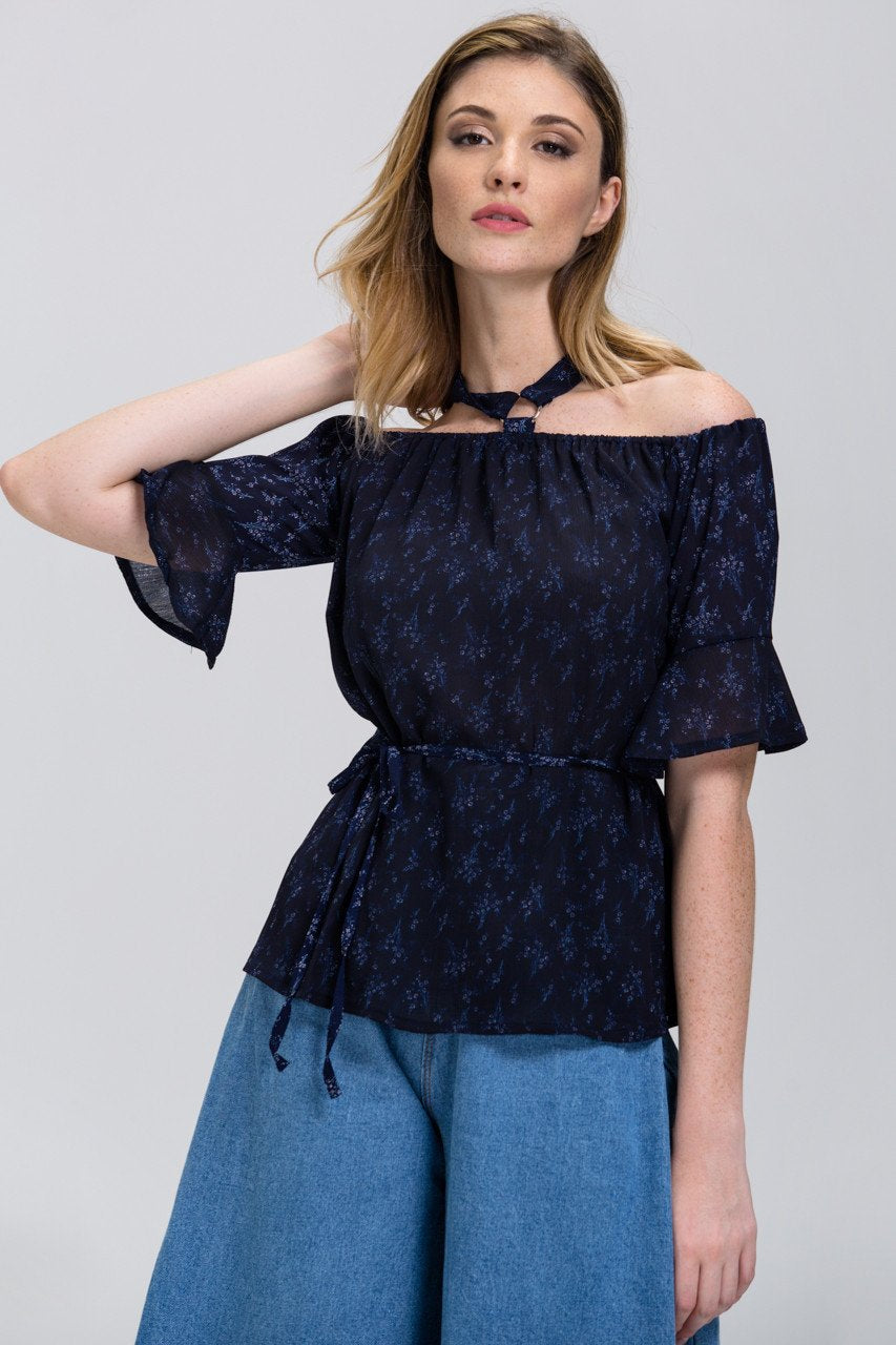 Blue Mini Flower Print cold shoulder Top Blue Mini Flower Print cold shoulder Top