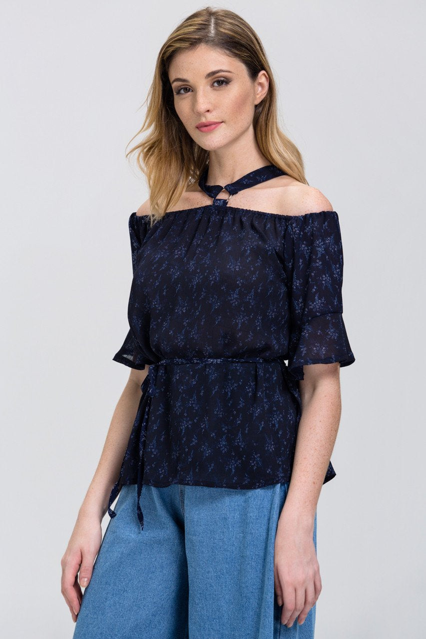 Blue Mini Flower Print cold shoulder Top Blue Mini Flower Print cold shoulder Top