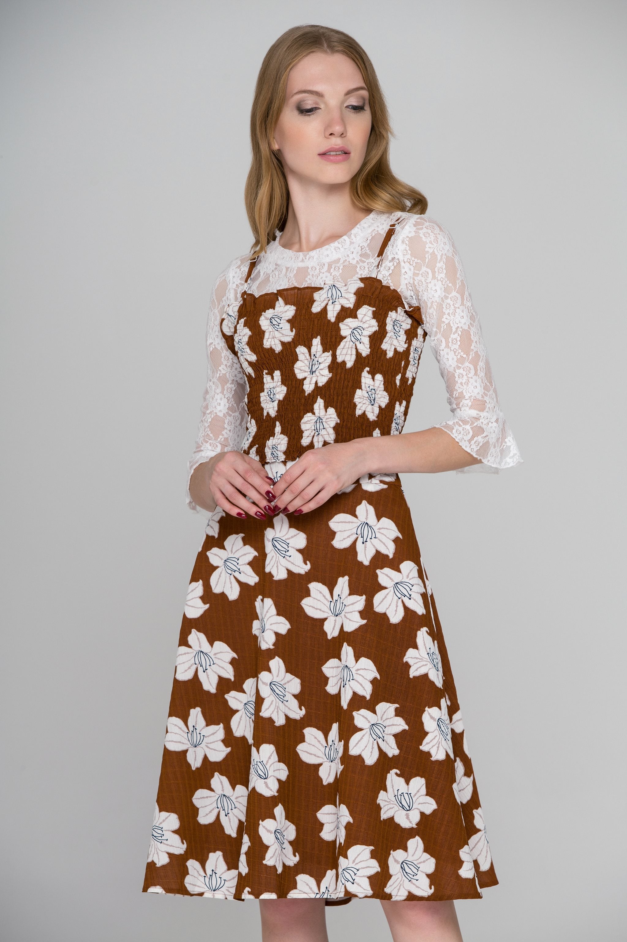 Brown Flower Print Three Piece Midi Dress Brown Flower Print Three Piece Midi Dress