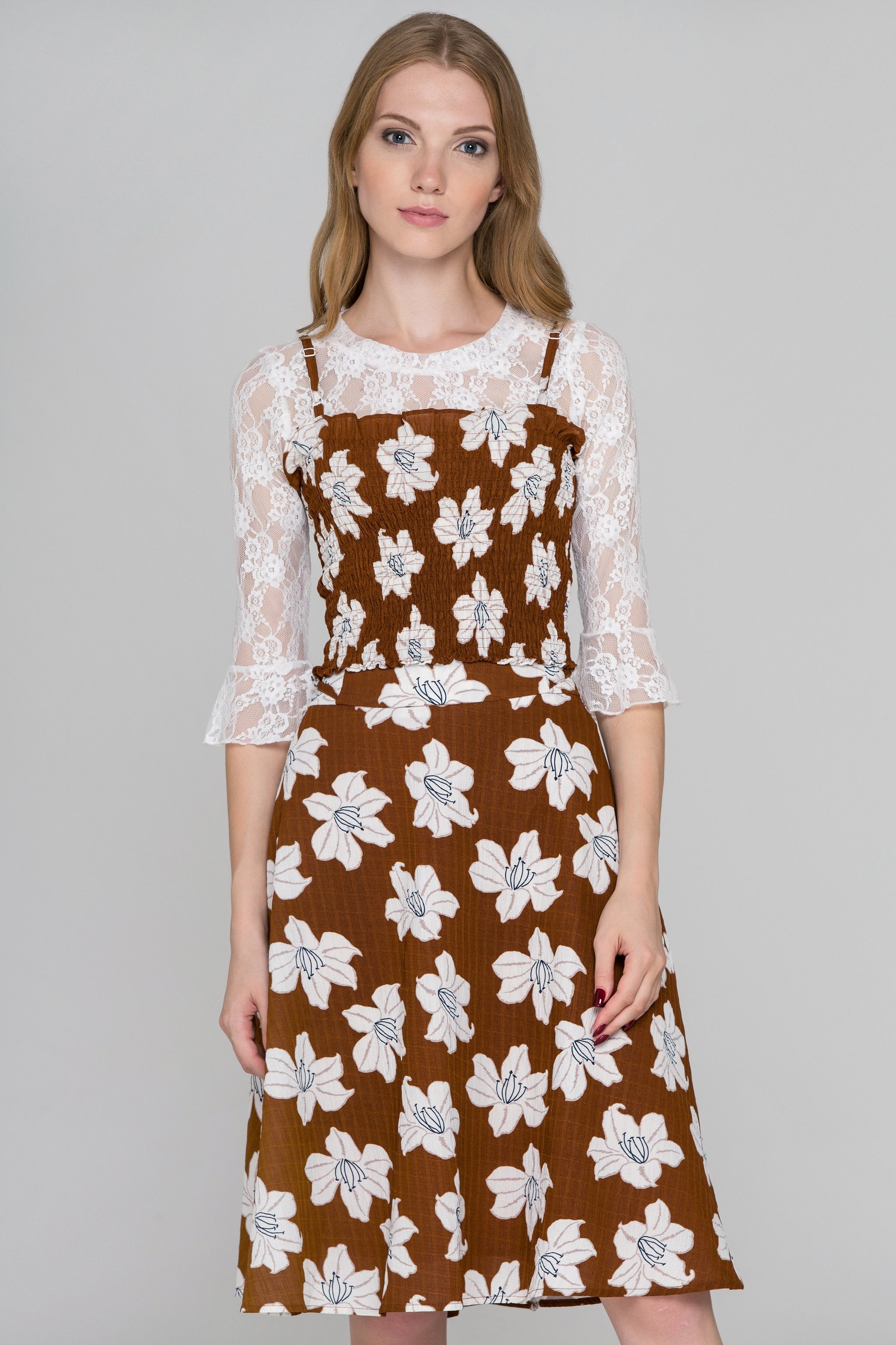 Brown Flower Print Three Piece Midi Dress Brown Flower Print Three Piece Midi Dress