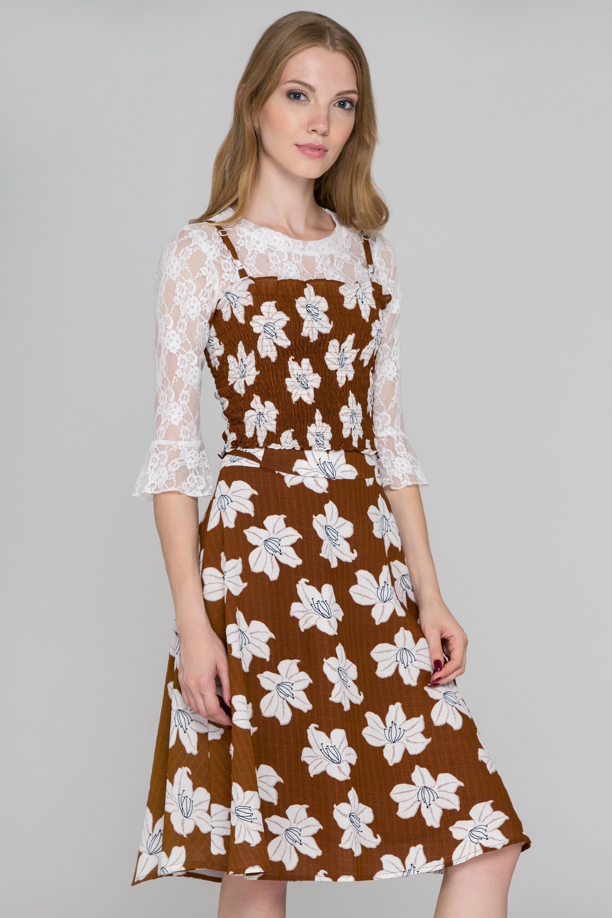 Brown Flower Print Three Piece Midi Dress Brown Flower Print Three Piece Midi Dress