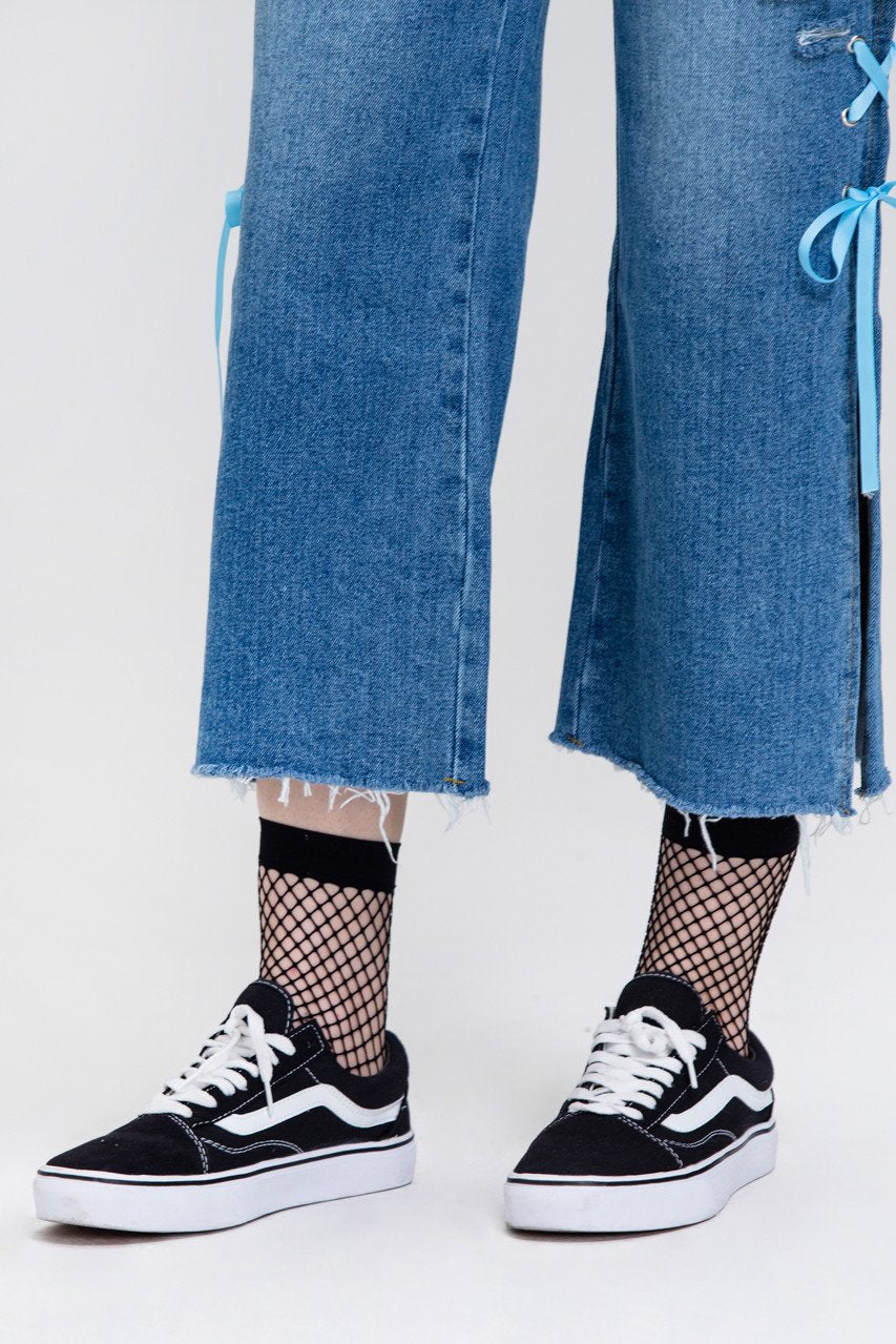 Distressed Side Slit Lace Cropped Palazzo Jeans Distressed Side Slit Lace Cropped Palazzo Jeans