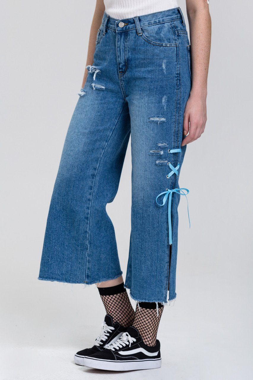 Distressed Side Slit Lace Cropped Palazzo Jeans Distressed Side Slit Lace Cropped Palazzo Jeans