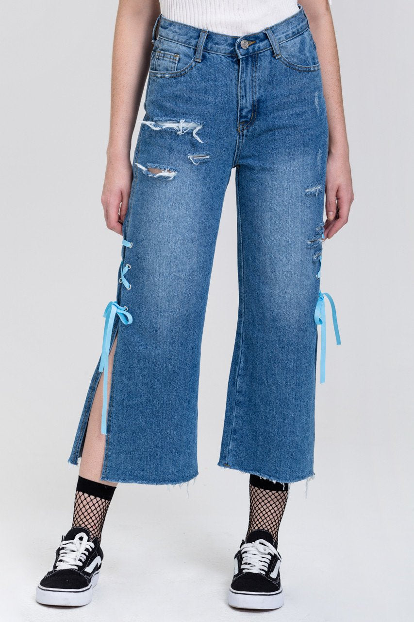 Distressed Side Slit Lace Cropped Palazzo Jeans Distressed Side Slit Lace Cropped Palazzo Jeans