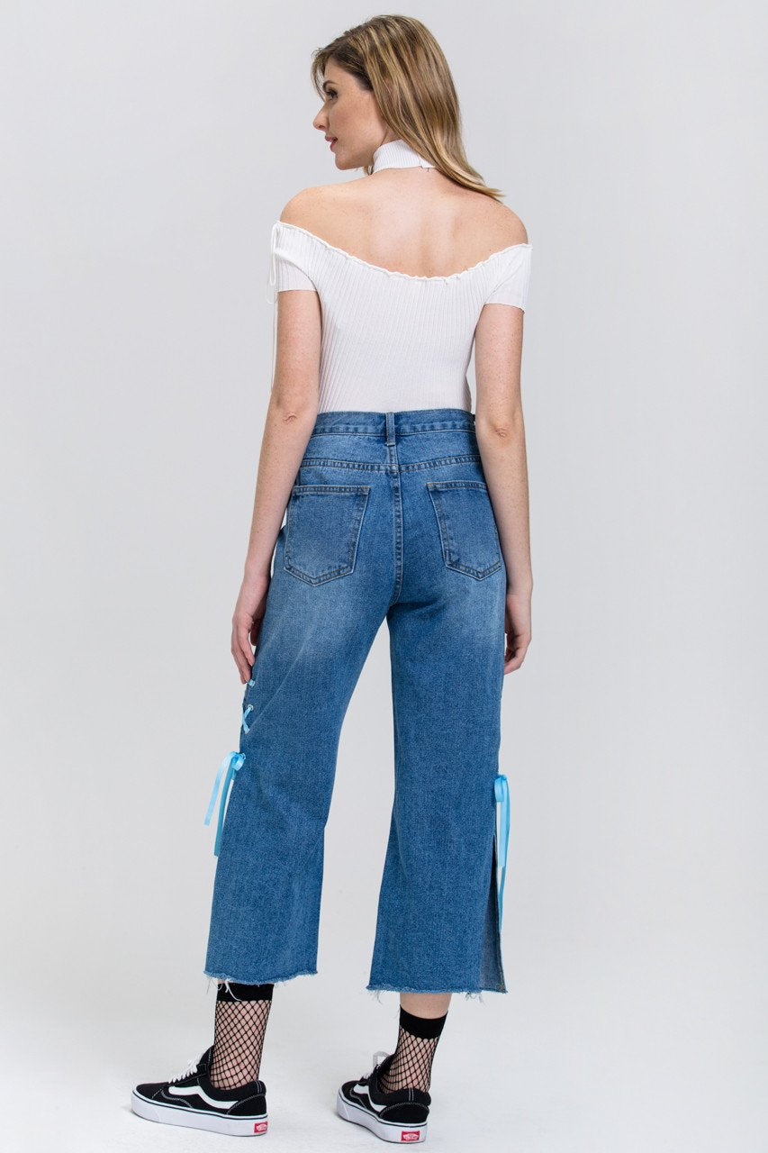 Distressed Side Slit Lace Cropped Palazzo Jeans Distressed Side Slit Lace Cropped Palazzo Jeans