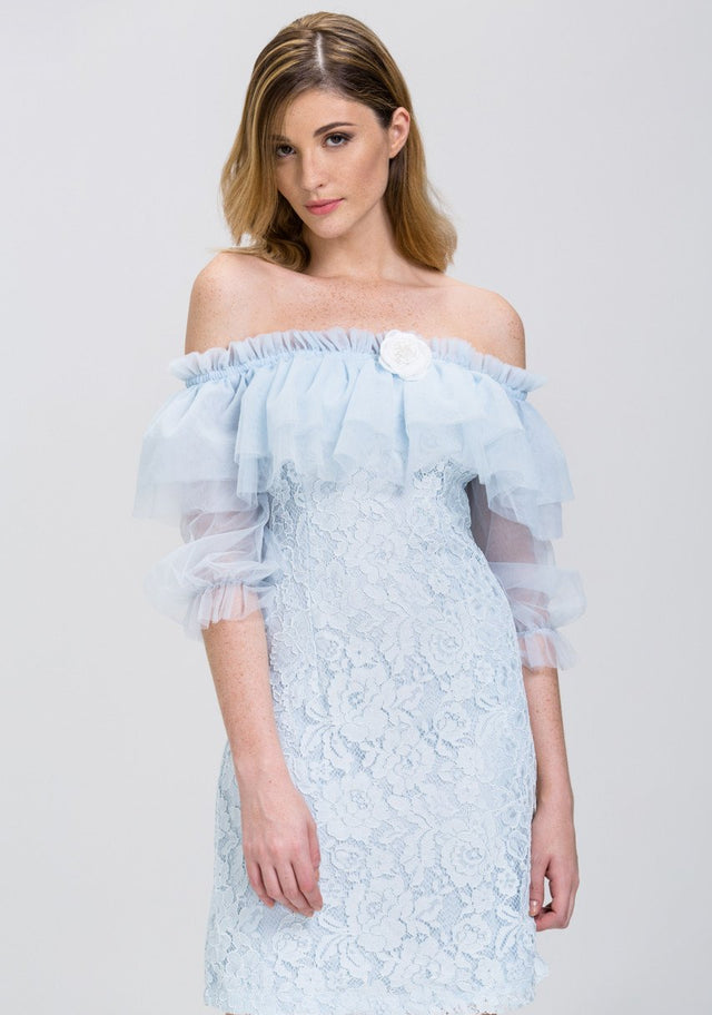 Enchanted Blue Lace Tulle Ruffle Off the Shoulder Mini Dress