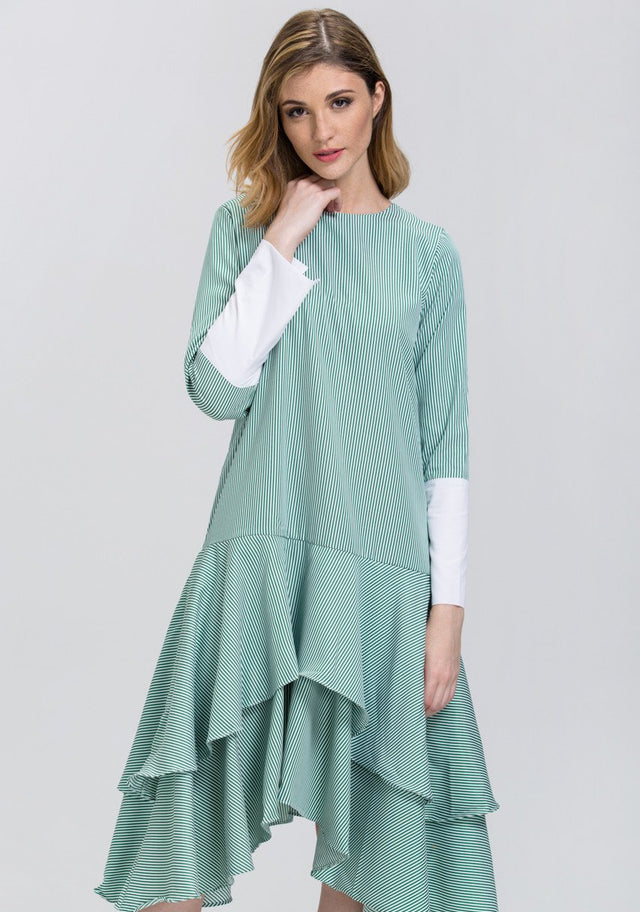 Green Candy Stripe Cuffed Sleeve Ruffle Skirt Midi Dress