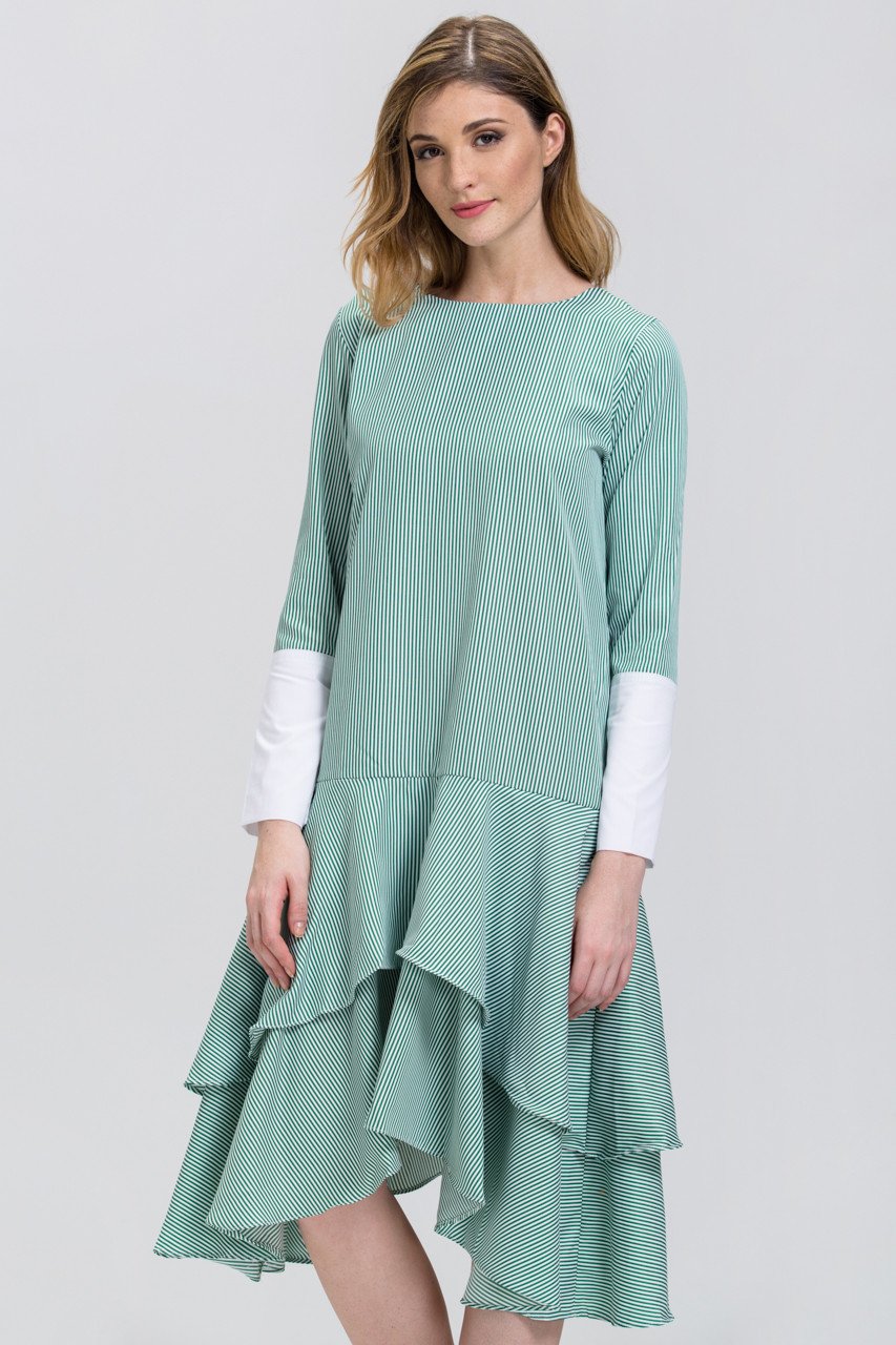 Green Candy Stripe Cuffed Sleeve Ruffle Skirt Midi Dress Green Candy Stripe Cuffed Sleeve Ruffle Skirt Midi Dress