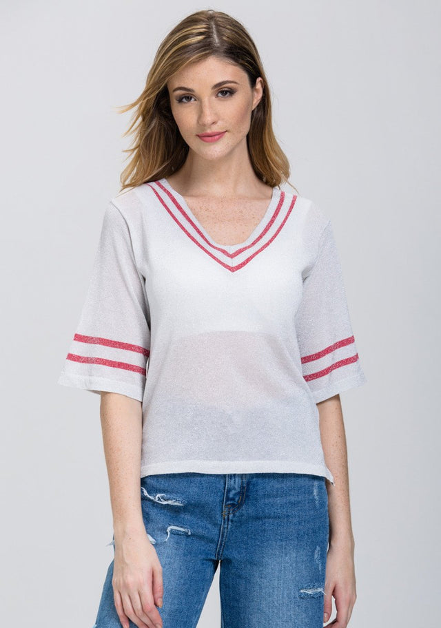 Grey Shimmer V-neck Flare Sleeve Top