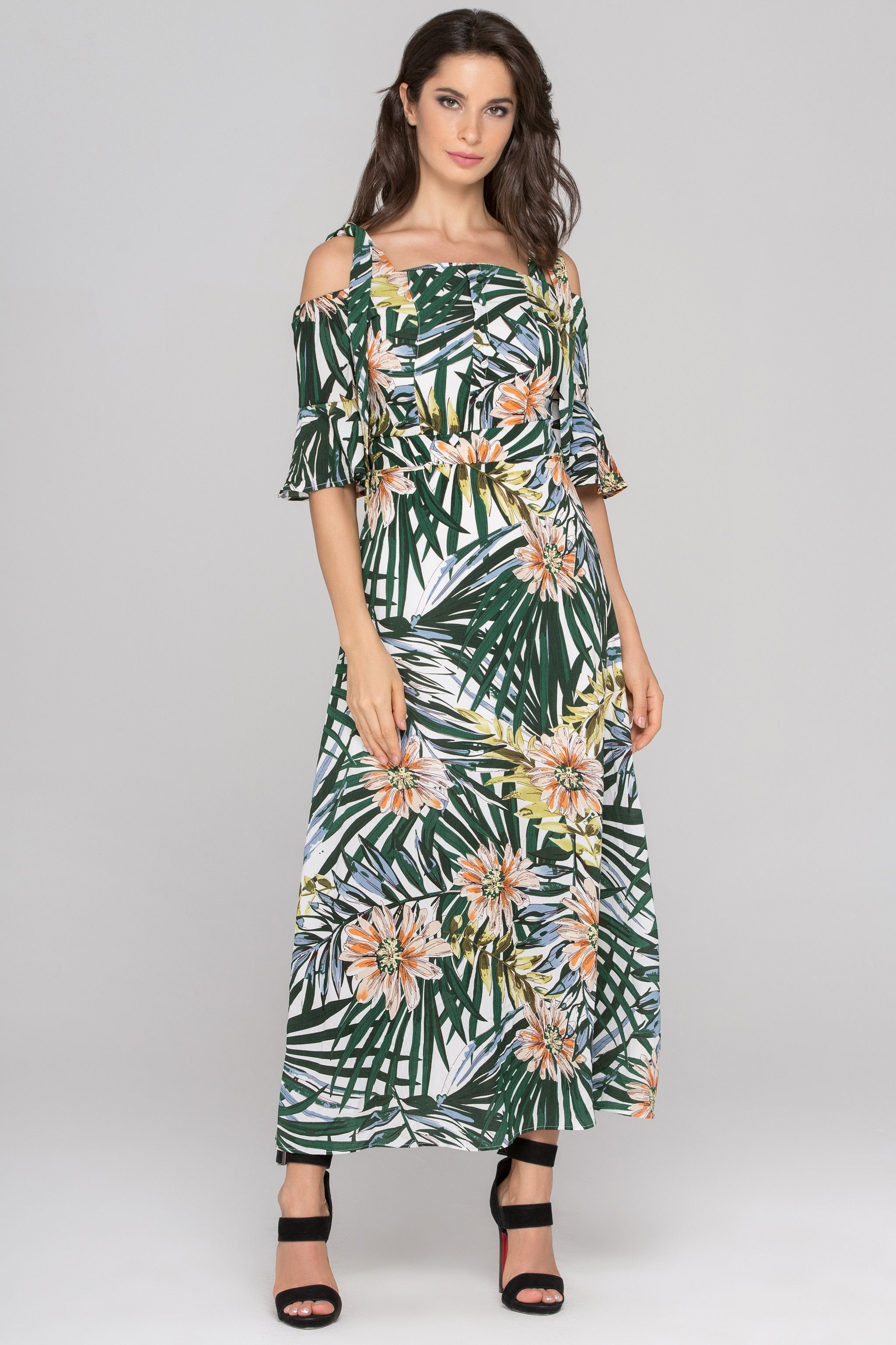 Garden Print Cold Shoulder Maxi Dress Garden Print Cold Shoulder Maxi Dress