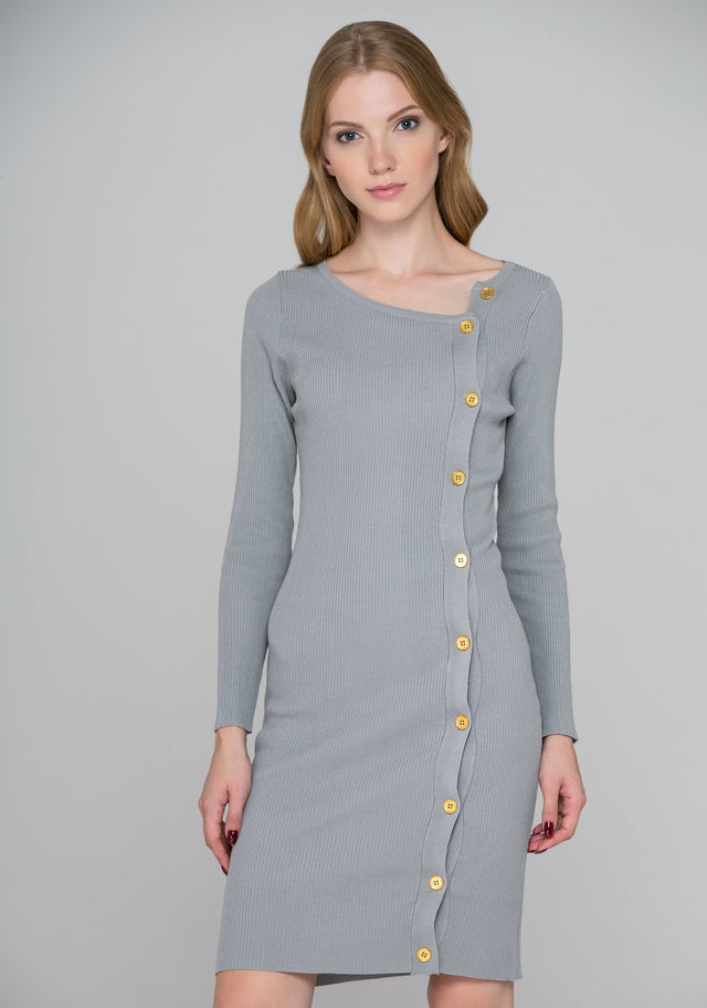 Grey Knit Sleeved Side Button Midi Dress