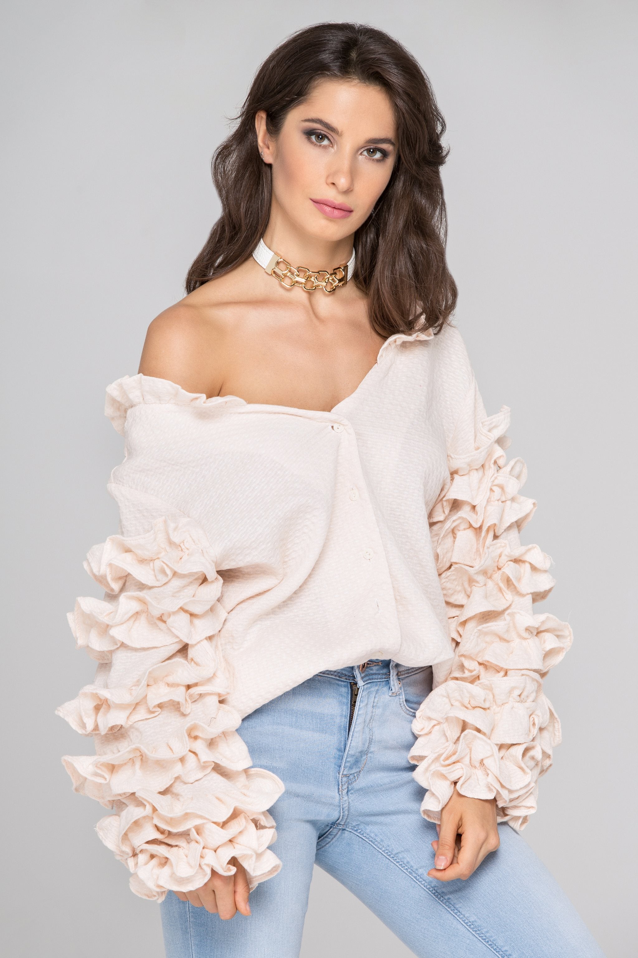Light Peach Ruffle Sleeve Cardigan Light Peach Ruffle Sleeve Cardigan