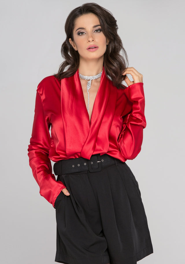 Fatima Almomen - Red Sleeved Satin Front Drape Top