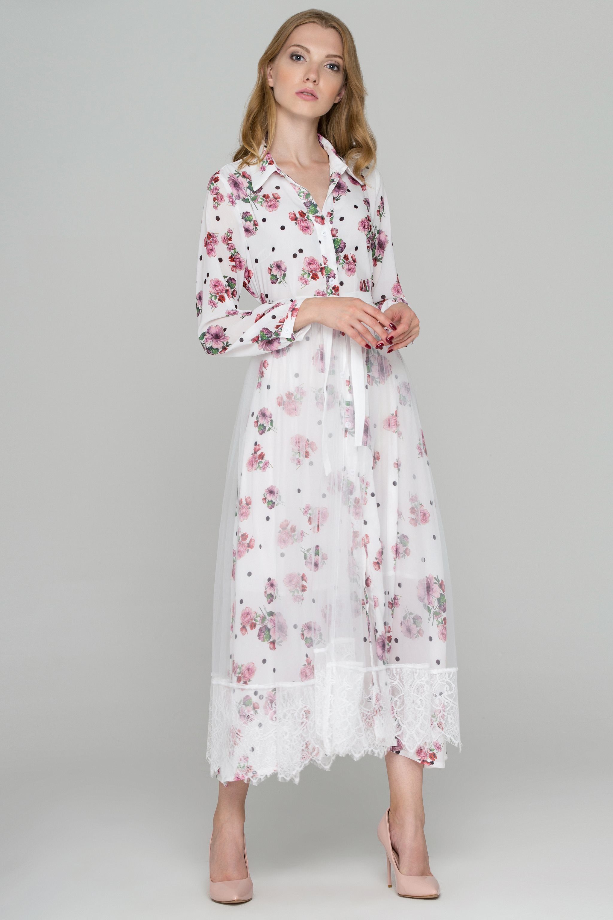 White Floral Dots Tulle Layer Maxi Shirt Dress White Floral Dots Tulle Layer Maxi Shirt Dress
