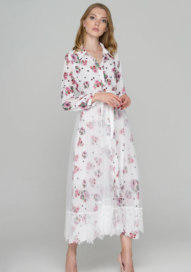 White Floral Dots Tulle Layer Maxi Shirt Dress