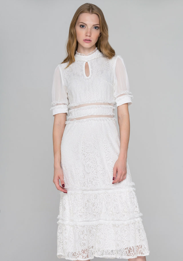 White Lace Ruffle Trim Midi Dress
