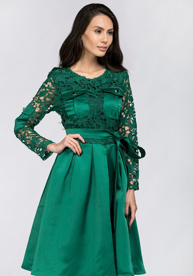 Emerald Green Sleeved Lace and Satin Midi Dress
