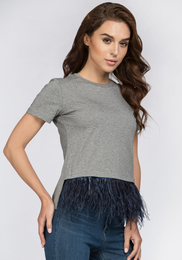 Grey Feather Detail Peplum Top