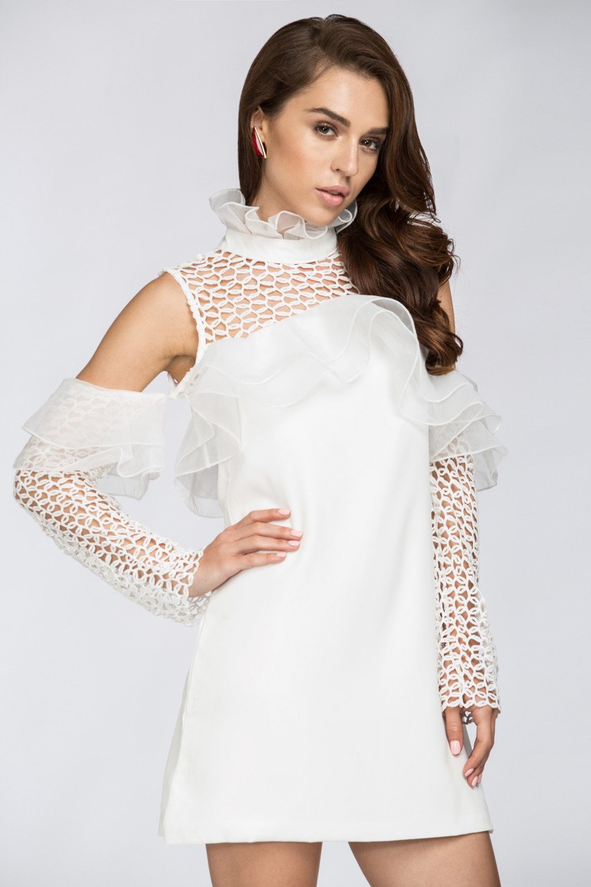 White Lace Yoke Ruffle Off the Shoulder Mini Dress White Lace Yoke Ruffle Off the Shoulder Mini Dress