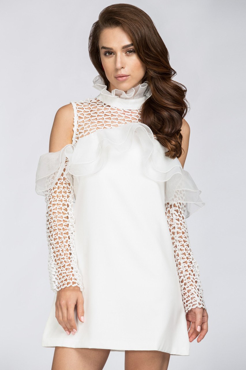 White Lace Yoke Ruffle Off the Shoulder Mini Dress White Lace Yoke Ruffle Off the Shoulder Mini Dress