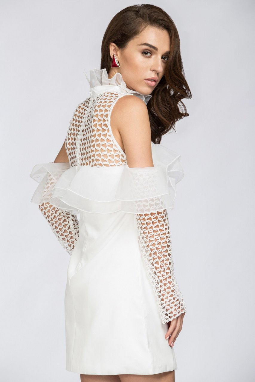 White Lace Yoke Ruffle Off the Shoulder Mini Dress White Lace Yoke Ruffle Off the Shoulder Mini Dress