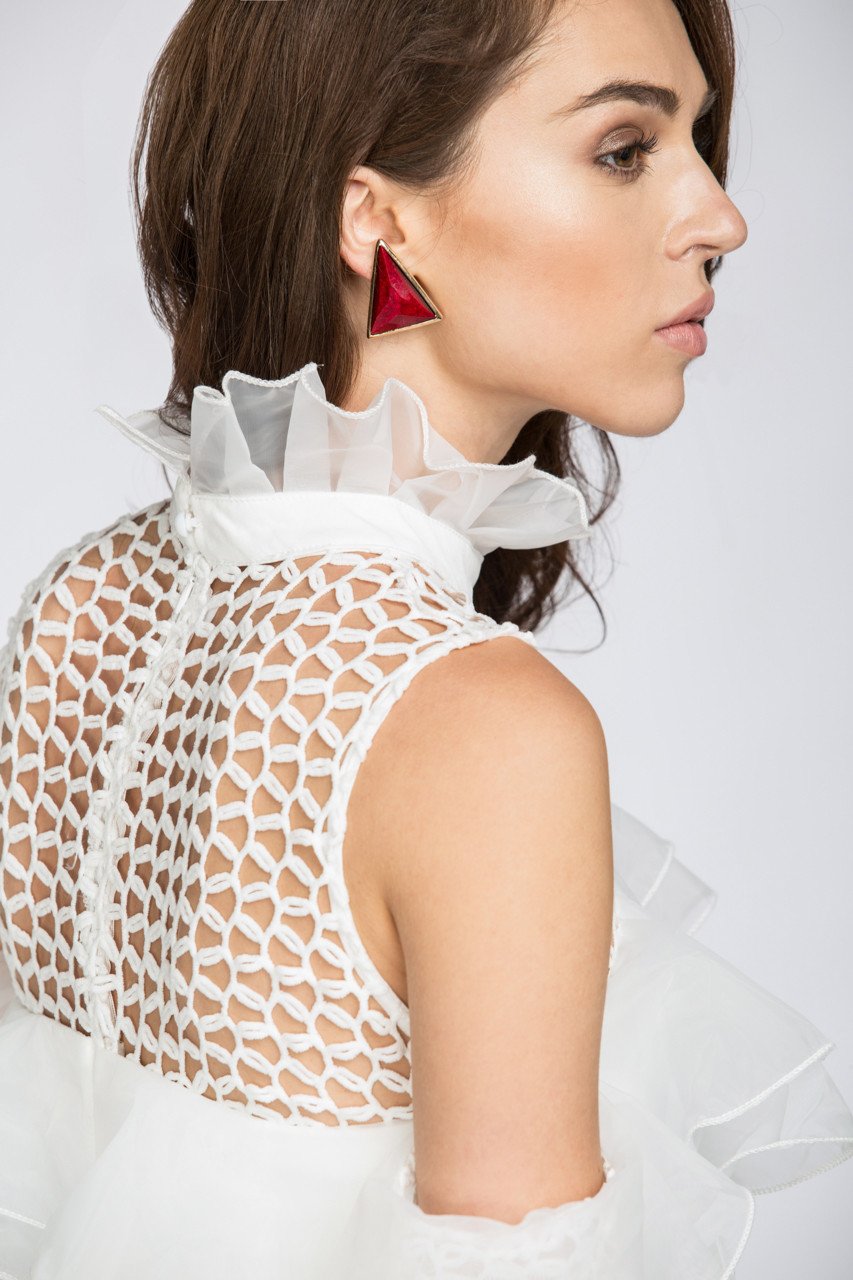 White Lace Yoke Ruffle Off the Shoulder Mini Dress White Lace Yoke Ruffle Off the Shoulder Mini Dress