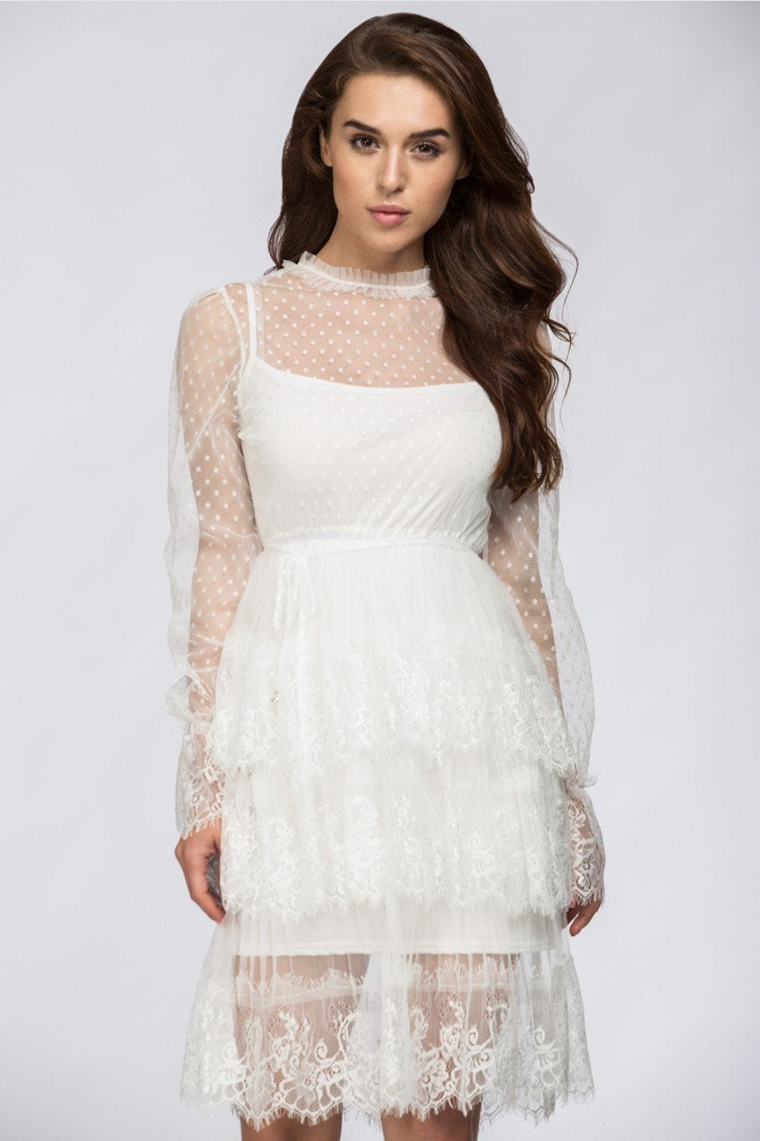White Sheer Lace Scalloped Two-piece Midi Dress White Sheer Lace Scalloped Two-piece Midi Dress