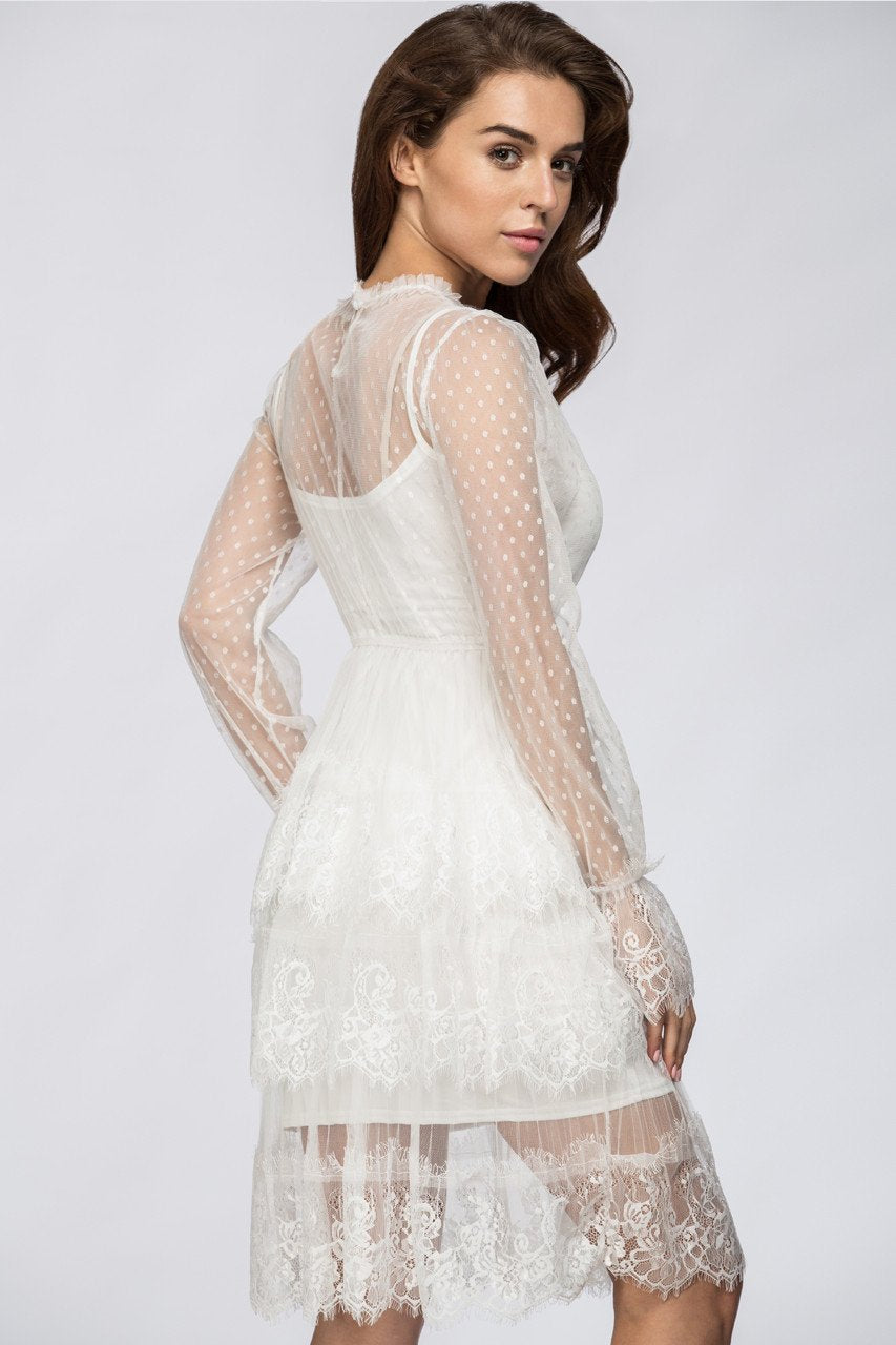 White Sheer Lace Scalloped Two-piece Midi Dress White Sheer Lace Scalloped Two-piece Midi Dress
