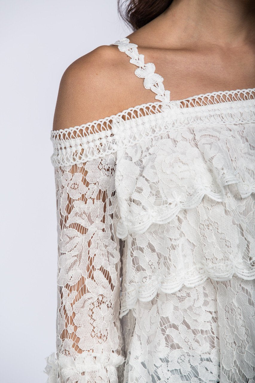 White Tiered Lace Off the Shoulder Top White Tiered Lace Off the Shoulder Top
