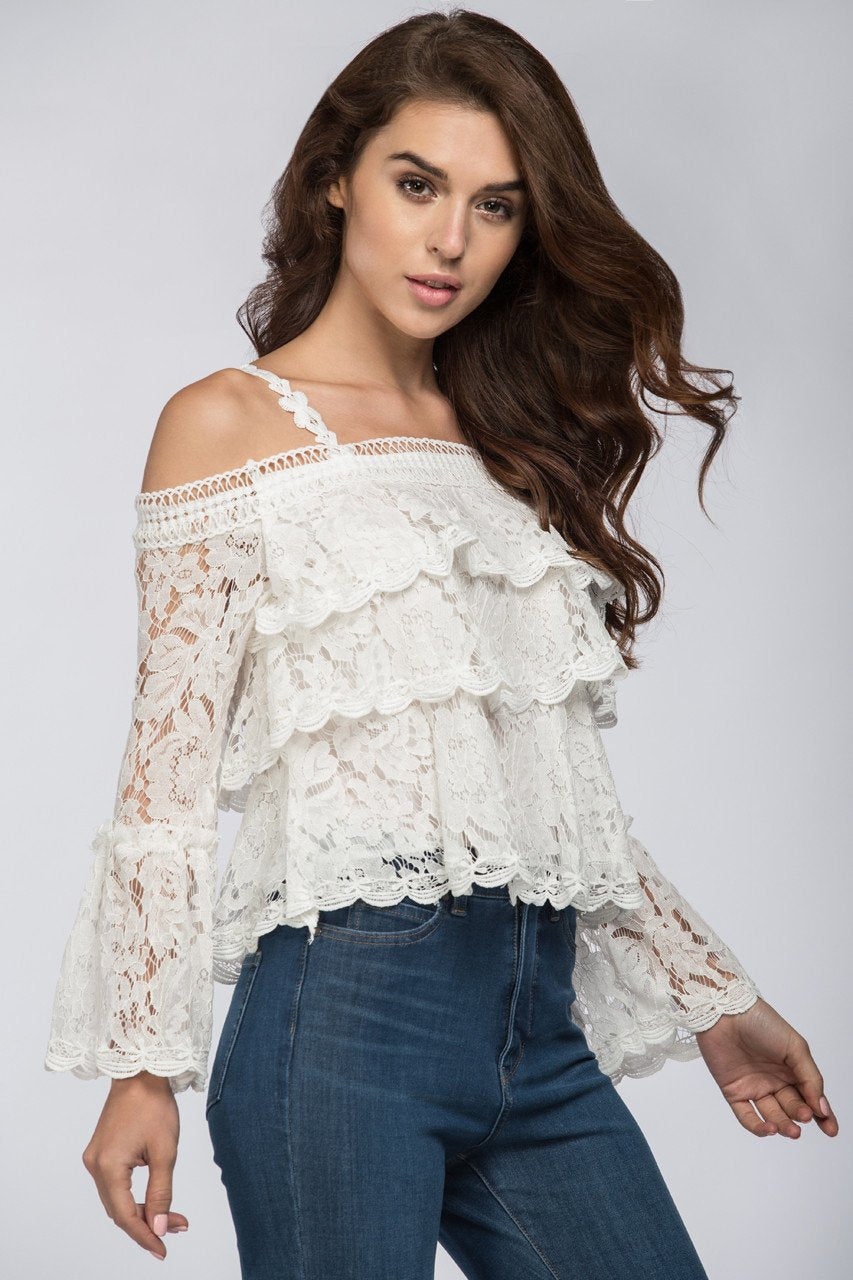 White Tiered Lace Off the Shoulder Top White Tiered Lace Off the Shoulder Top