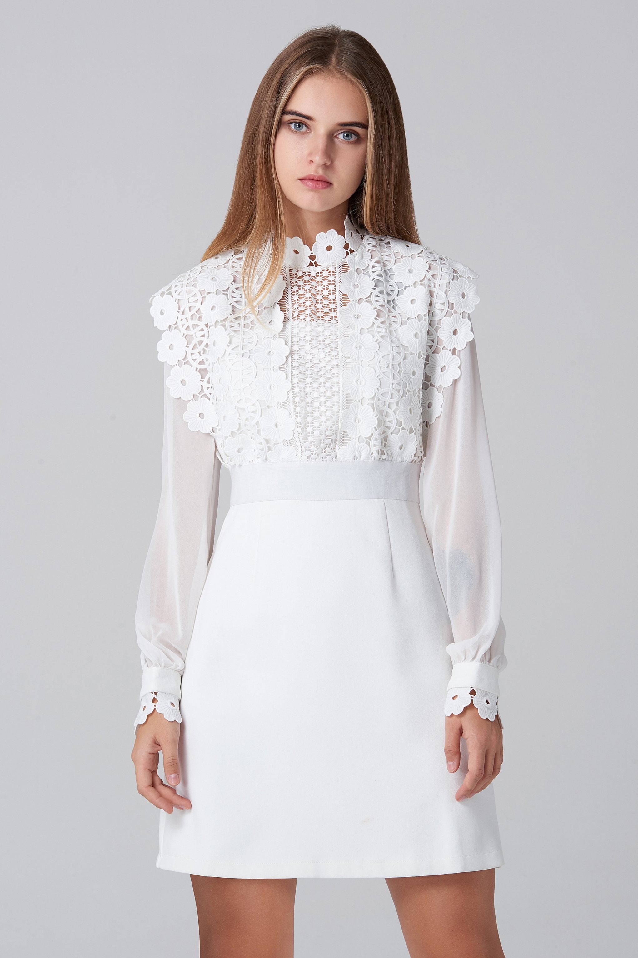 White Crochet Top Sheer Sleeve Mini Dress White Crochet Top Sheer Sleeve Mini Dress