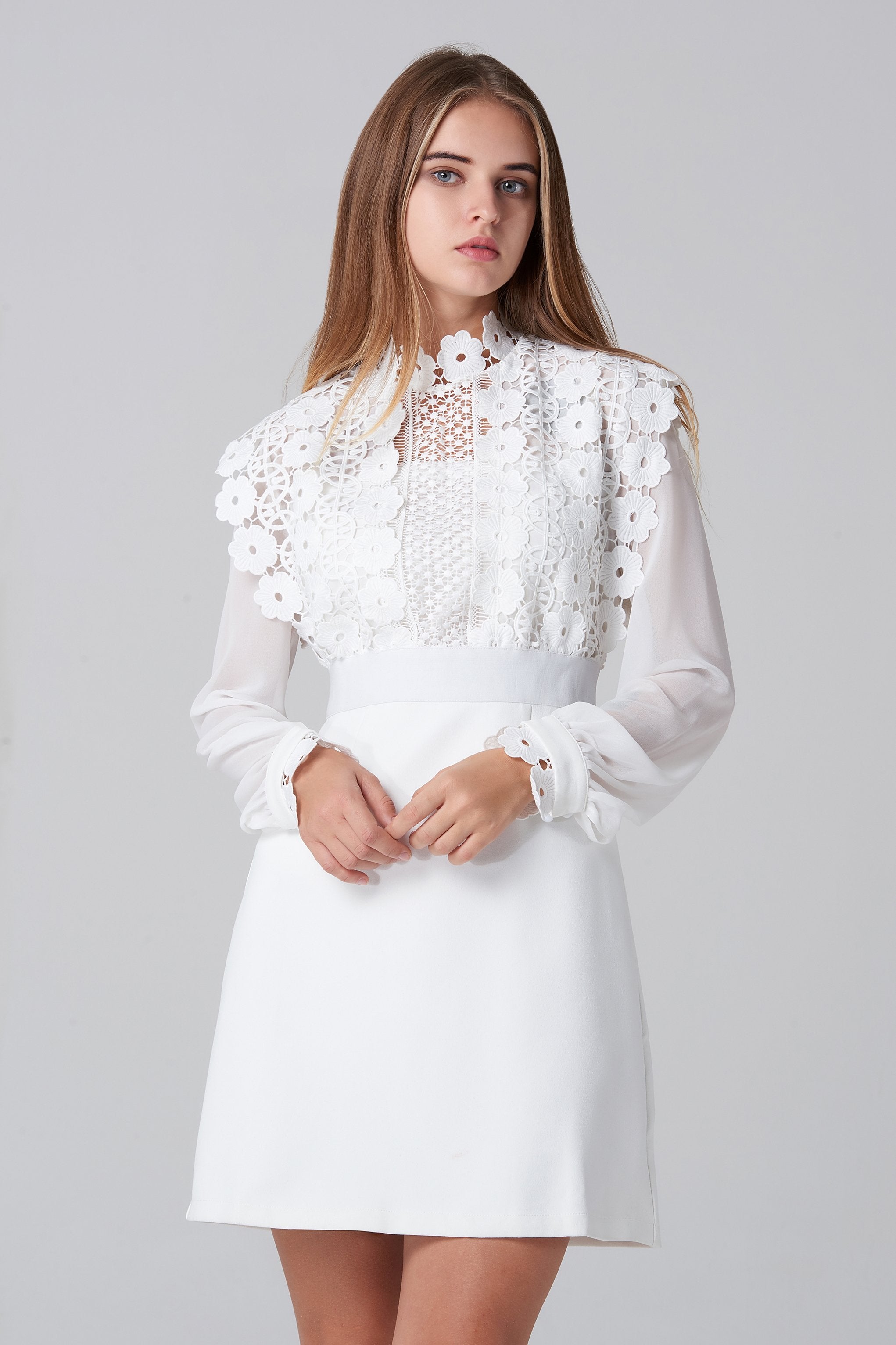White Crochet Top Sheer Sleeve Mini Dress White Crochet Top Sheer Sleeve Mini Dress