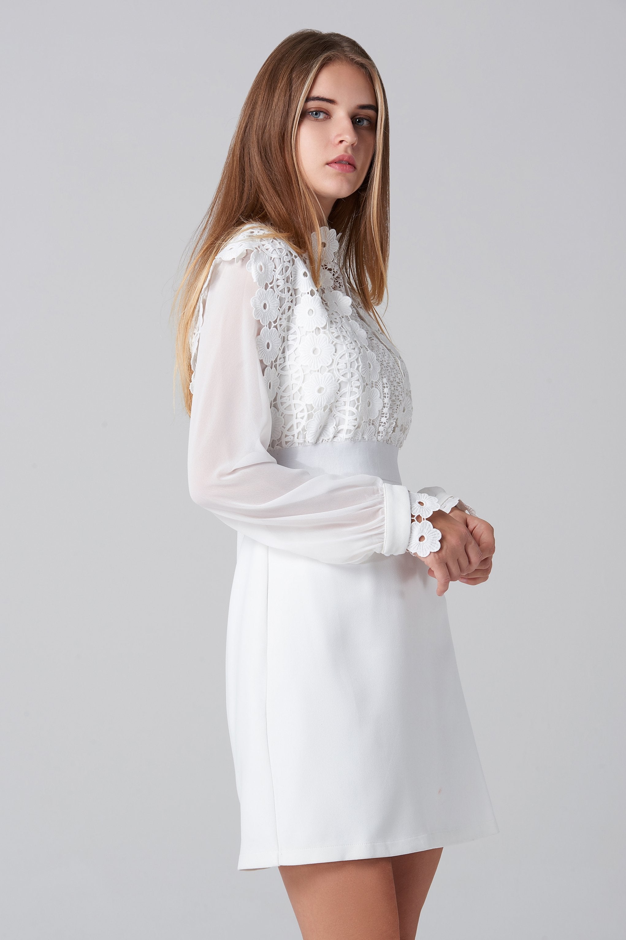 White Crochet Top Sheer Sleeve Mini Dress White Crochet Top Sheer Sleeve Mini Dress