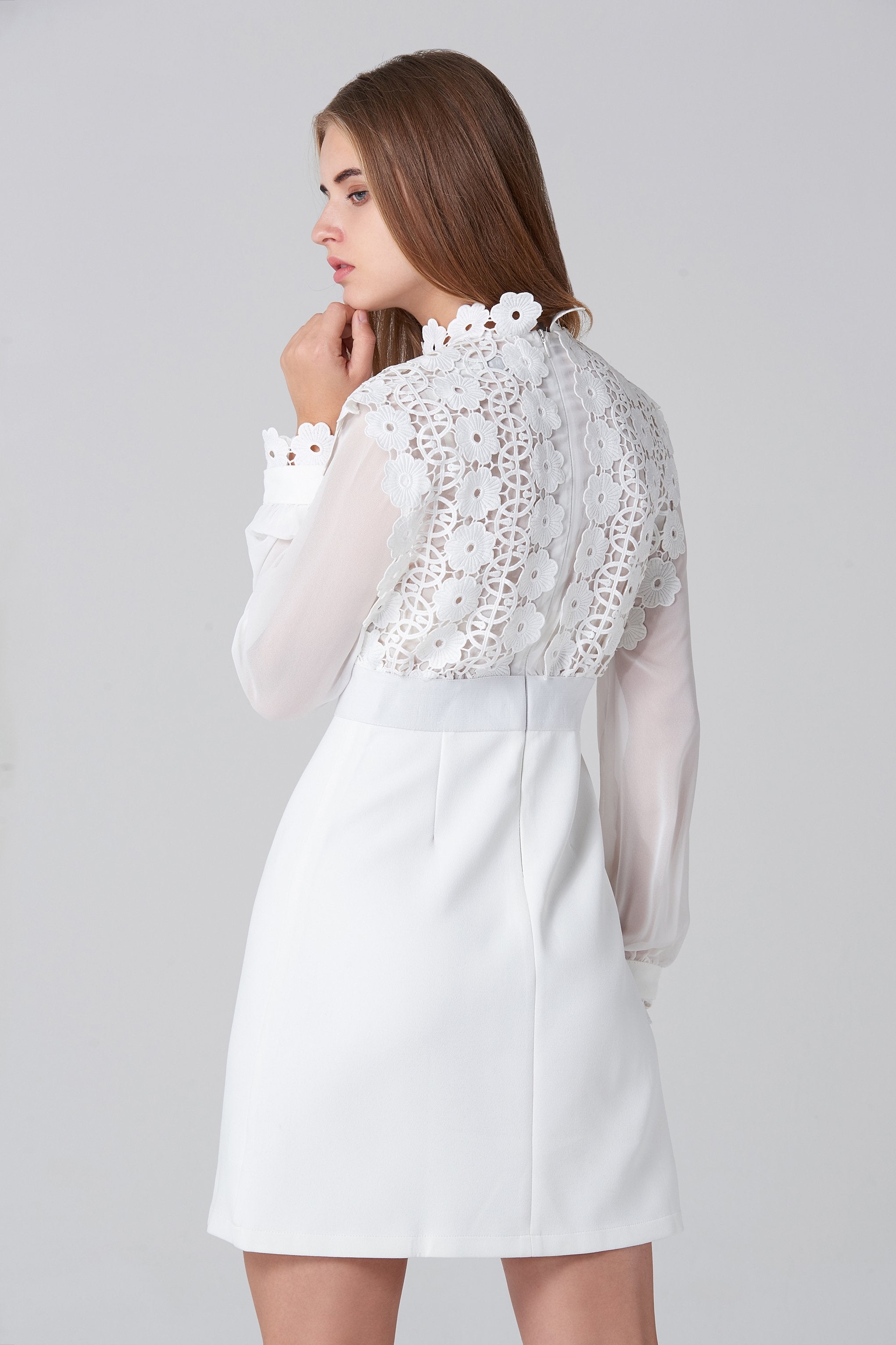White Crochet Top Sheer Sleeve Mini Dress White Crochet Top Sheer Sleeve Mini Dress