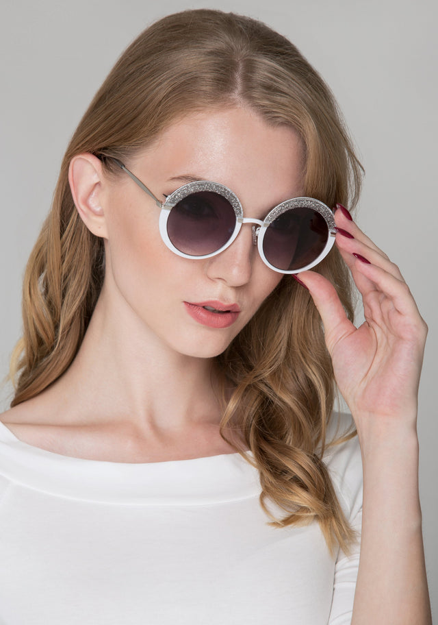 White Glitter Top Rim Round Sunglassess