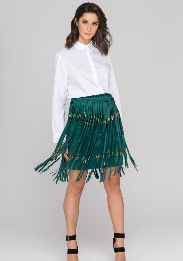 Green Suede Tassel Pencil Mini Skirt