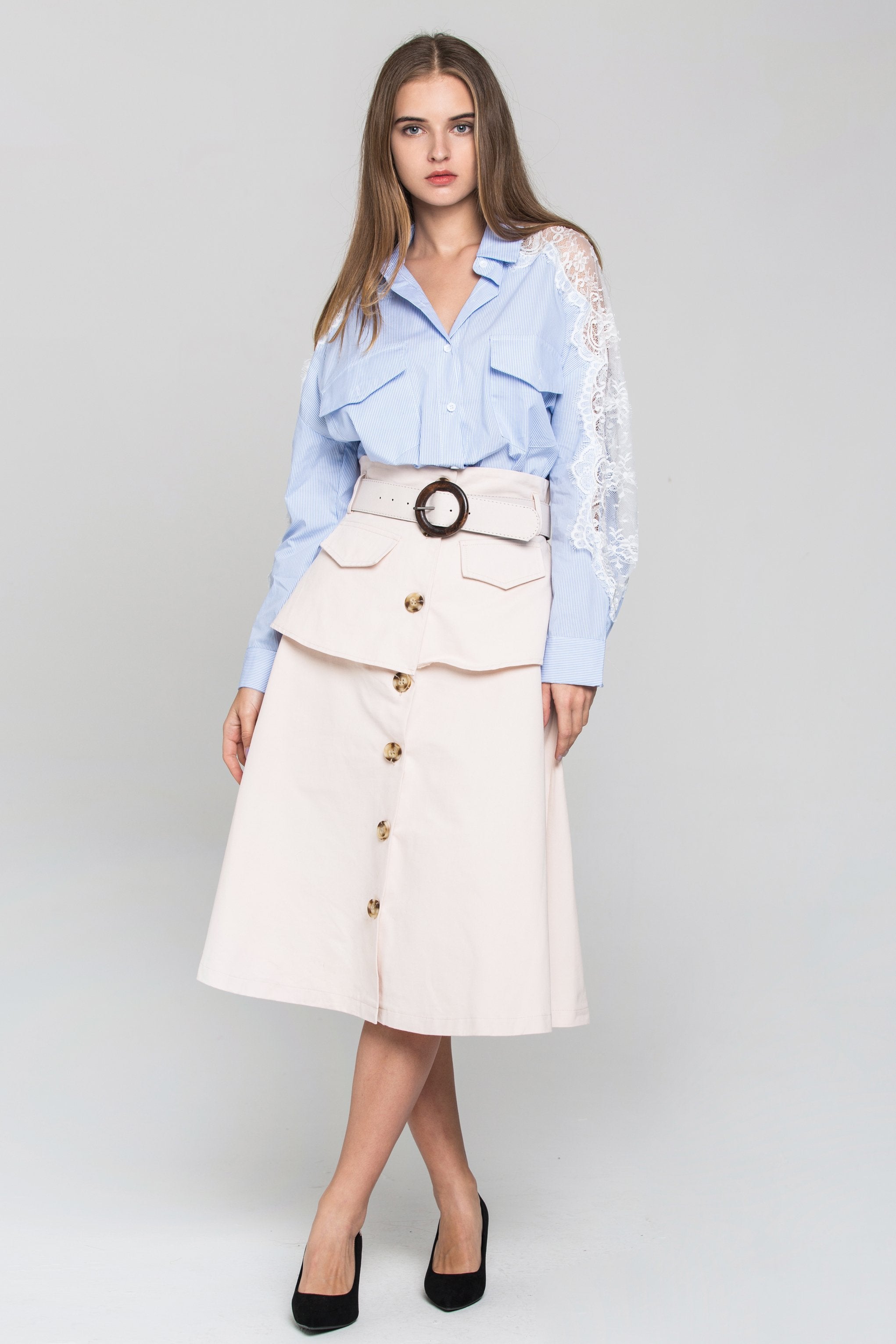 Peach Front Button Belted Skirt Peach Front Button Belted Skirt