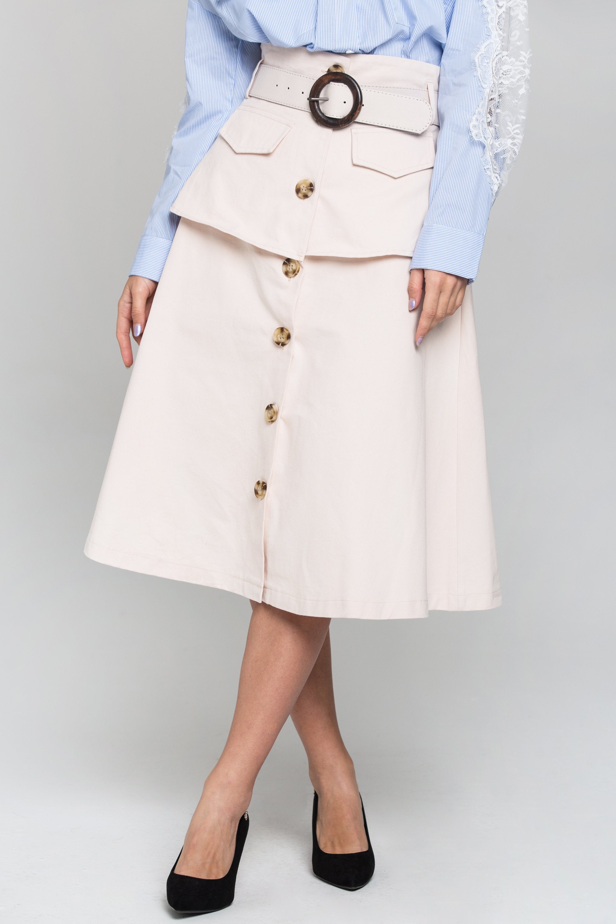 Peach Front Button Belted Skirt Peach Front Button Belted Skirt