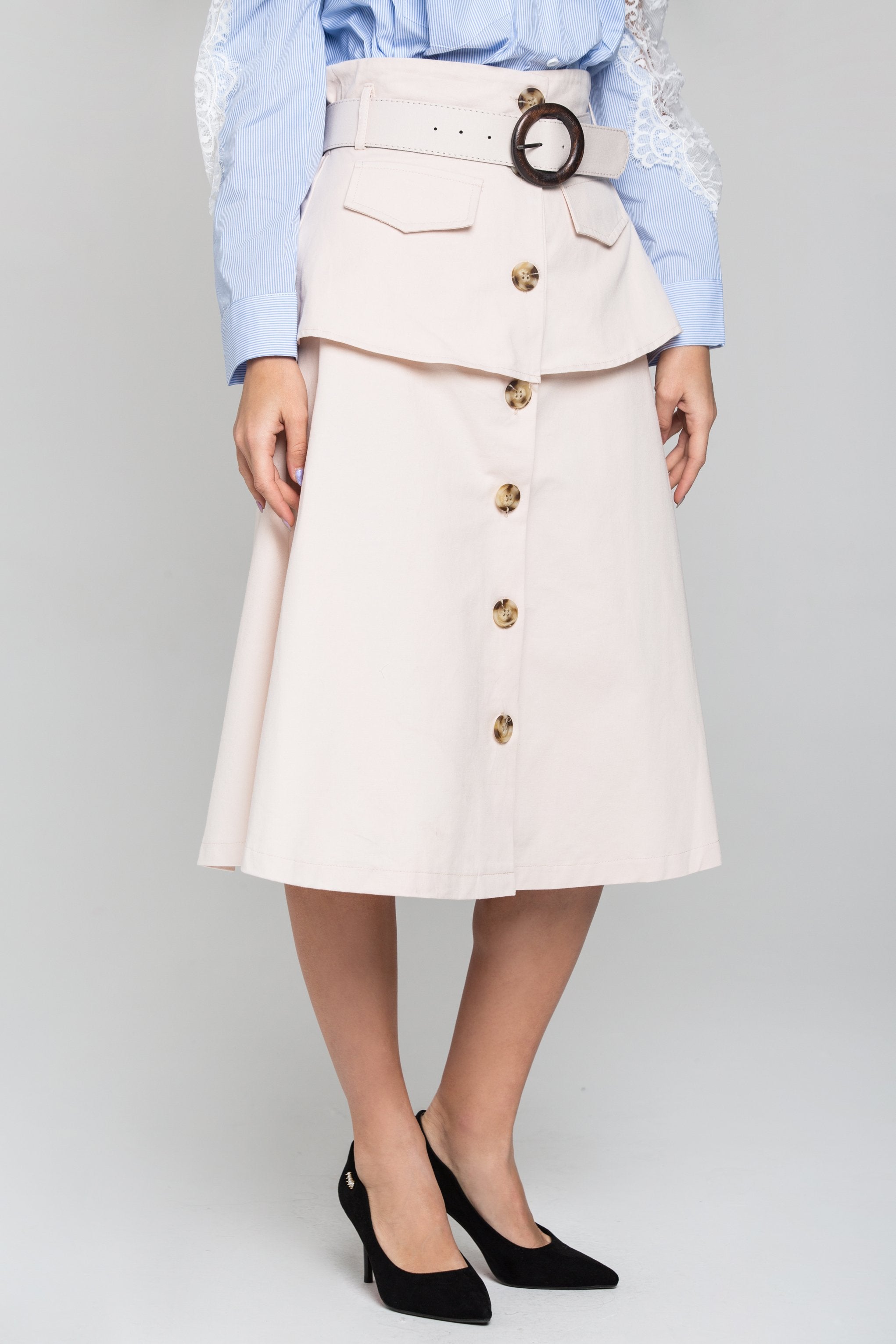 Peach Front Button Belted Skirt Peach Front Button Belted Skirt