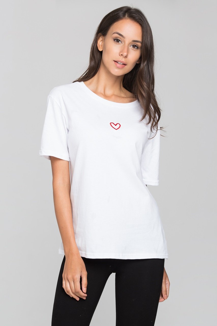 White Over-sized T-shirt with Single Heart Embroidery White Over-sized T-shirt with Single Heart Embroidery