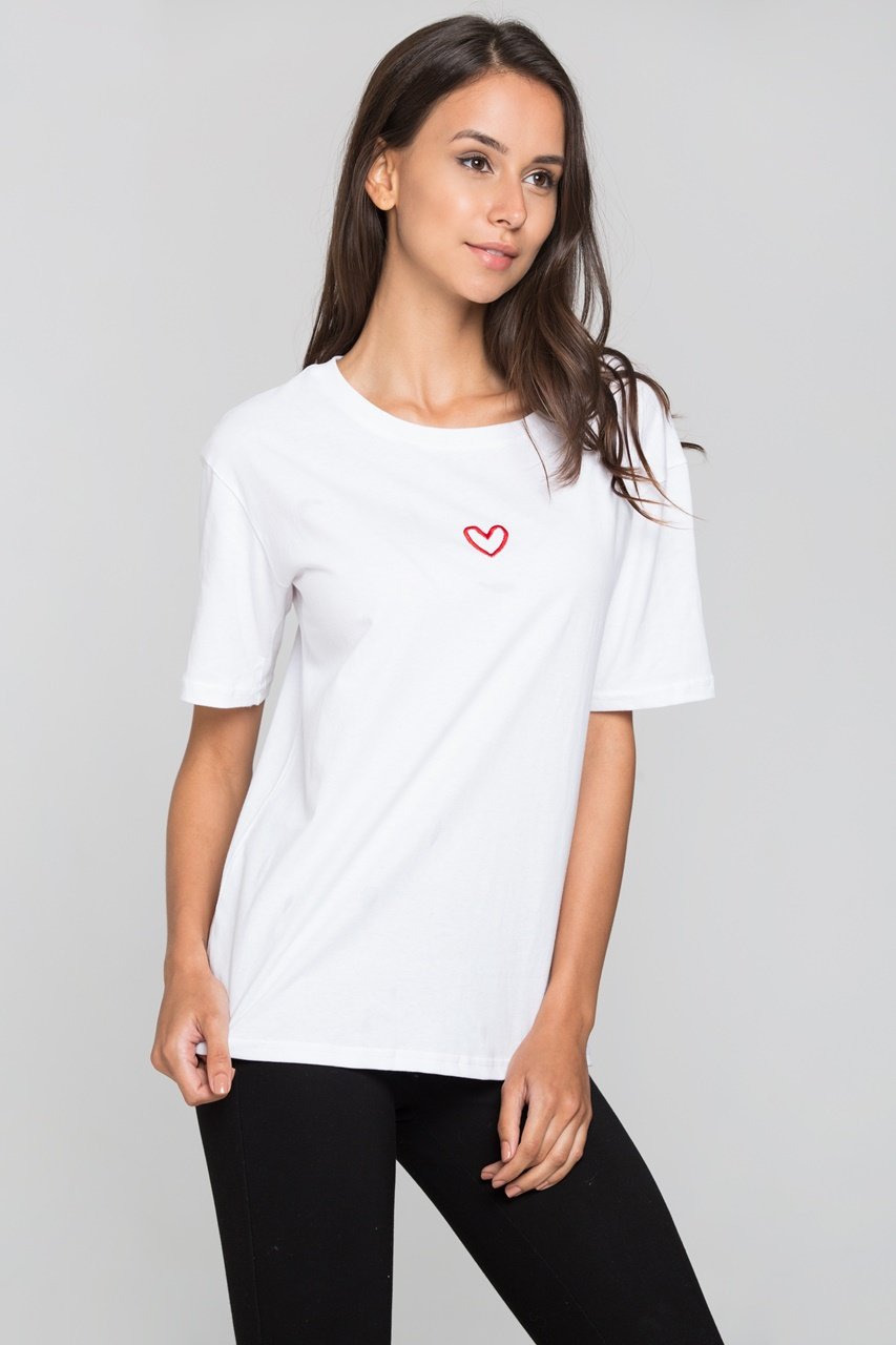 White Over-sized T-shirt with Single Heart Embroidery White Over-sized T-shirt with Single Heart Embroidery